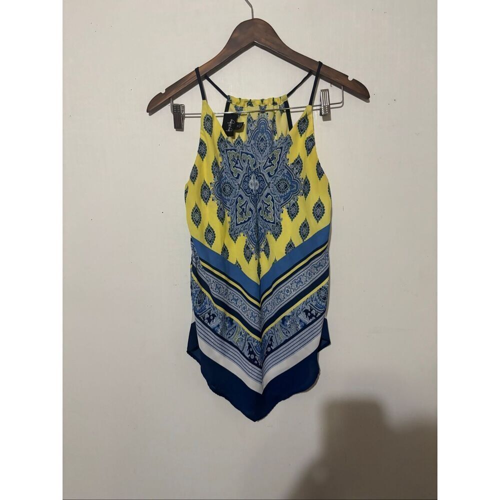 Byby Women's Size Medium Blue Yellow Halter Tank Top Handkerchief Blouse Top